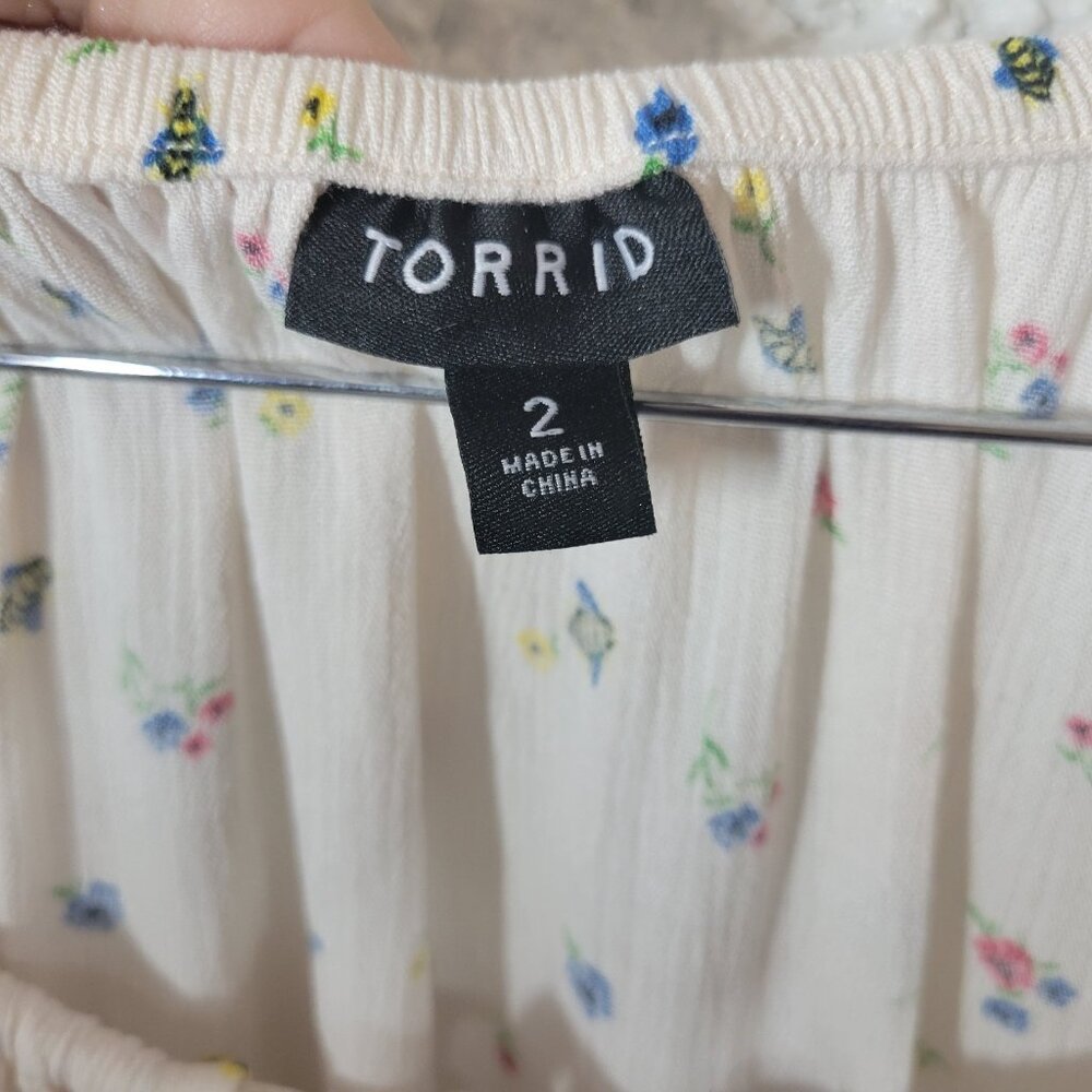 Torrid Womens Top 2 2X Plus Short Sleeve White Pink Floral Elastic Waist FLO84E - Picture 7 of 9